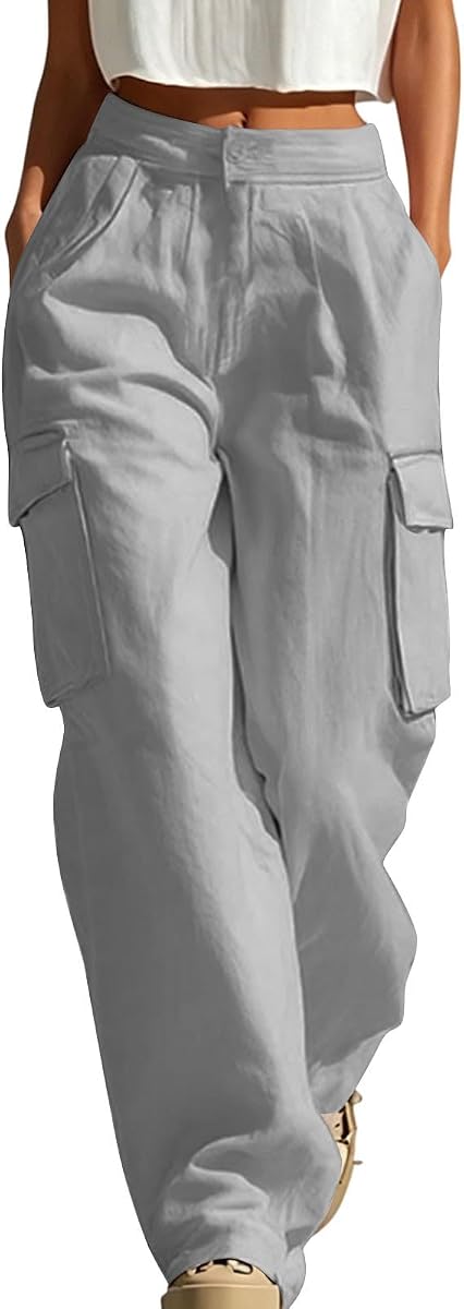 Womens Cargo Pants High Waisted Casual Baggy Parachute Wide Leg Hiking Pants Loose Fit Hiking Pant with 4 Pockets