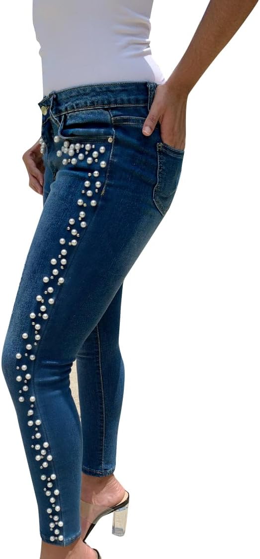 LifeShe Women's Pearls Jeans Mid Waisted Skinny Denim Pants Stretch Slimming Jeggings Plus Size - Image 4