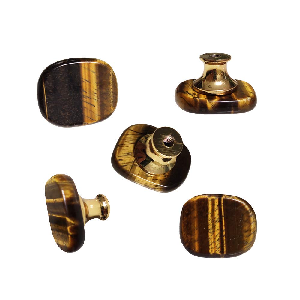 YOUYOUULU 5Pcs Natural Tiger Eye Knobs Crystal Agate Knobs Stone Cabinet Knob Pulls Art Deco Gemstone Drawer Cupboard Handles for Furniture with
