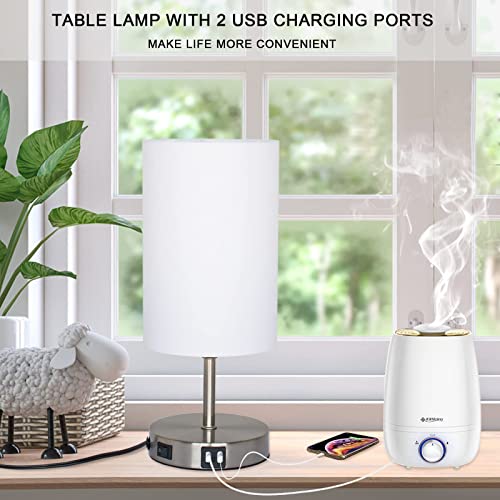 Minghe Bedside Table Lamp,With 2 Usb Ports,Nickel Plated Charger Base With White Tc Cloth Shade,On/Off Switch, Modern Desk Lamp For Bedroom, Living Room,Office,Led Bulb Included (Pack Of 2) #TOP3