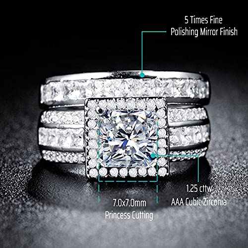 CEJUG 3Ct Princess Wedding Rings for Women Engagement Ring Set Bands 18k White Gold Plated Halo Cz Size 6-103
