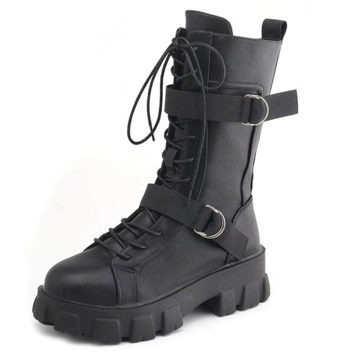 Damen Goth Plattform Stiefeletten Schnallen Chunky Block Keil Seite Reißverschluss Heels Runde Zehe Punk Motorrad Bequeme Kurze Gothic Booties High Heel Lace Up Studded Stacked