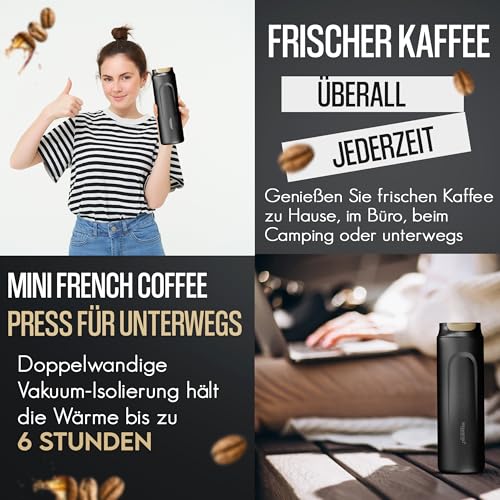 HEEMBURG French Press To Go 430 ml Edelstahl doppelwandig isoliert | auslaufsichere Reise Kaffeepresse | Thermo French Press bruchsicher | Mini Kaffeepresse Reise To Go ohne Strom für 1–2 Tassen