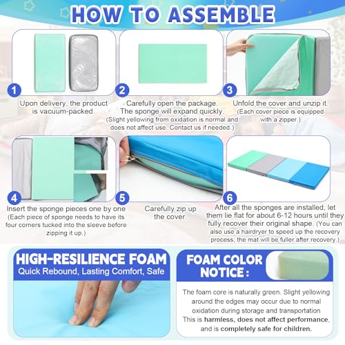 Image of Wesiti 1 Pcs Nap Mats for Preschool 1.37 Inch Thick 47x24 Folding Rest Mat 4 Section, Sleeping Pad for Kids Children Daycare Nap School Classroom Kindergarten Daycare Travel Home Green Blue