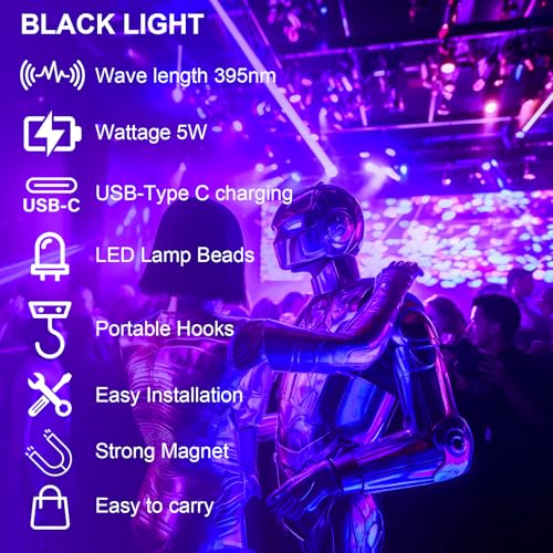 Image of Rechargeable Black Light Bar 5W 1FT，Battery Powered LED Black Light for Glow Party Body Paint UV Strip Lights for Halloween Decorations,Cabinet,Display Magnetic 4 Pack