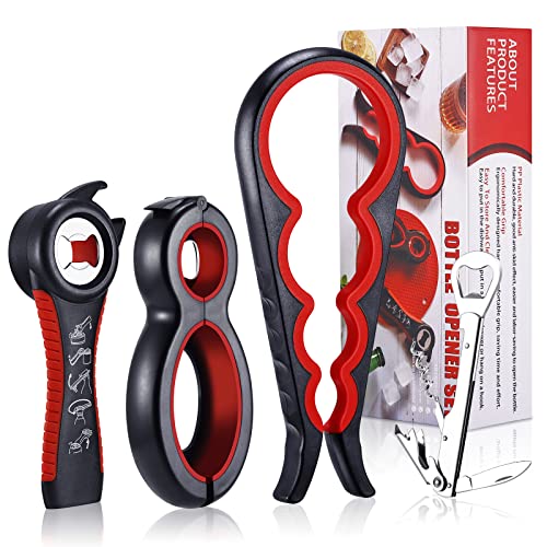 Abrelatas de botellas y anillas para vasos de rosca, abridor de tapas 4 en 1, abridor de tapas con sacacorchos, sacacorchos para manos débiles, personas mayores, artritis Cover