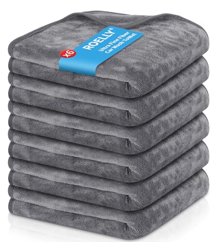 ROELLY 6 Piezas Paño Microfibra Coche, Juego de Toalla Secado Coche, Toalla Microfibra Coche, 40 * 40 cm, para Limpieza y Pulido de Autos,Gris