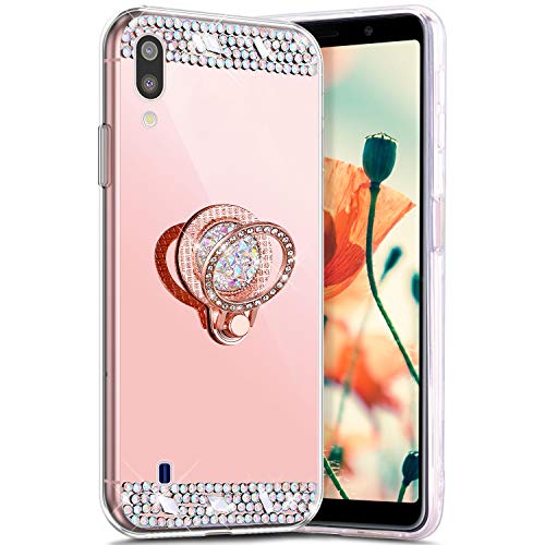 Robinsoni Case Compatible with Samsung Galaxy M10 Phone Cover Flexible Galaxy A10 Case Sparkle Silicone Case Diamond Edge Bling Case 360 Degree Rotation Ring Cover Mirror Effect Phone Case Rose Gold