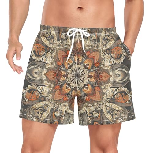 Mens Swim Trunks with Liner, Persian Pattern Orange Cool Quick Dry Beach Swim Shorts, Swimwear Bathing Suits S