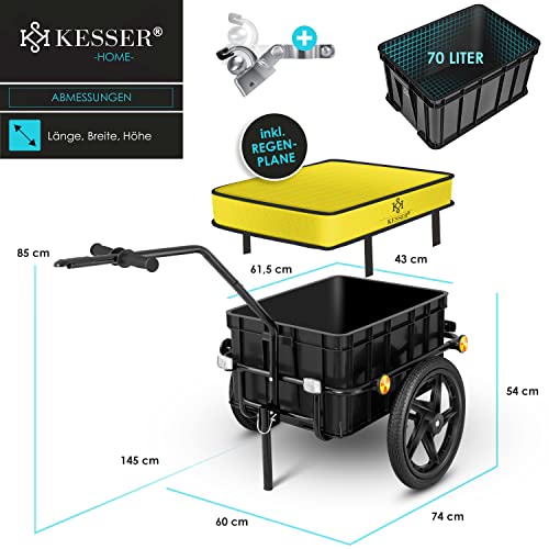 KESSER® Fahrradanhänger, Lastenanhänger, Handwagen mit Kupplung, Hochdeichsel, für Fahrrad Transportanhänger Transportbox mit 70 Liter Volumen, Max. 60kg, + Zubehör für Fahrräder mit 26-28, Gelb