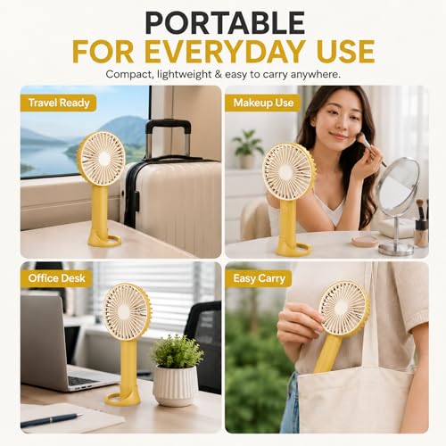 Image of TEQO Rechargeable Hand Fan 4800 RPM High Speed | 1200mAh Battery, Up to 6 Hours Runtime | Portable USB Fan with Mobile Stand & RGB Light | 3 Speed Personal Mini Fan for Travel, Makeup (Yellow)