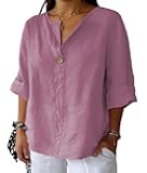 Women's Plus Size 3/4 Sleeve Linen Cotton V Neck Button Shirt Blouse Tunic Tops Loose Fit