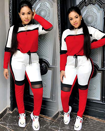 ThusFar Women's Casual Sweatsuit Two Piece Outfits Patchwork Net Color Block Pocket Hooded Top Pant Set Jogger Tracksuit3