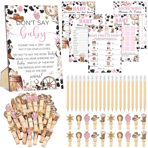 Image of Patelai 321 Pcs Cowgirl Baby Shower 5 Games Set Western Don't Say Baby Shower Decorations 250 Game Card Cow Girl Gender Reveal Party 50 Mini Clothespin 20 Pencils for Pink Western Birthday Decorations
