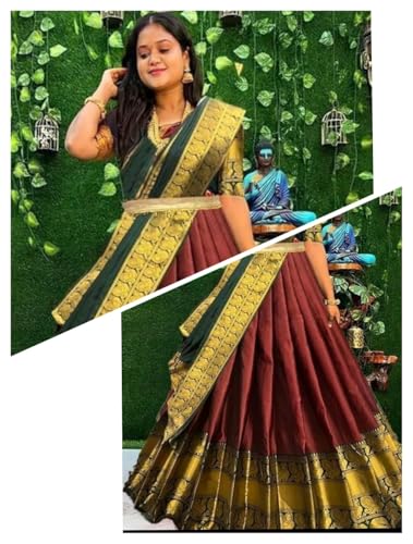 Image of RENVAANI Women's Traditional Kanjivaram Kanchipuram Silk Unstitched Lehenga Choli with Dupatta (MAROON BT)