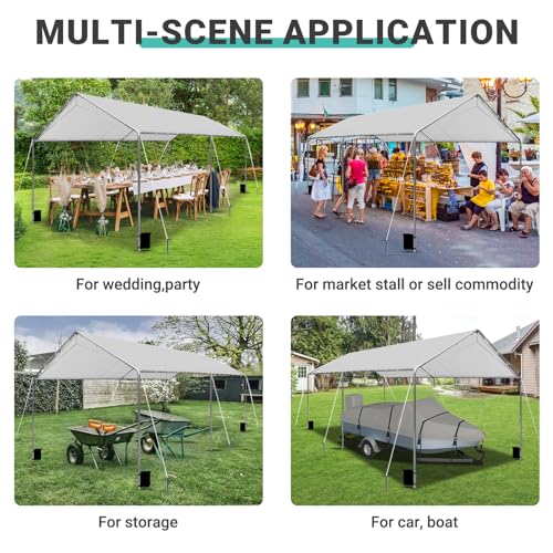 Image of Heavy Duty 10 X 20 Ft Easy to Assemble Metal Car Canopy Shelter with Reinforced Steel Cables, Outdoor Portable Garage for Car, Boat Tent, Light Grey