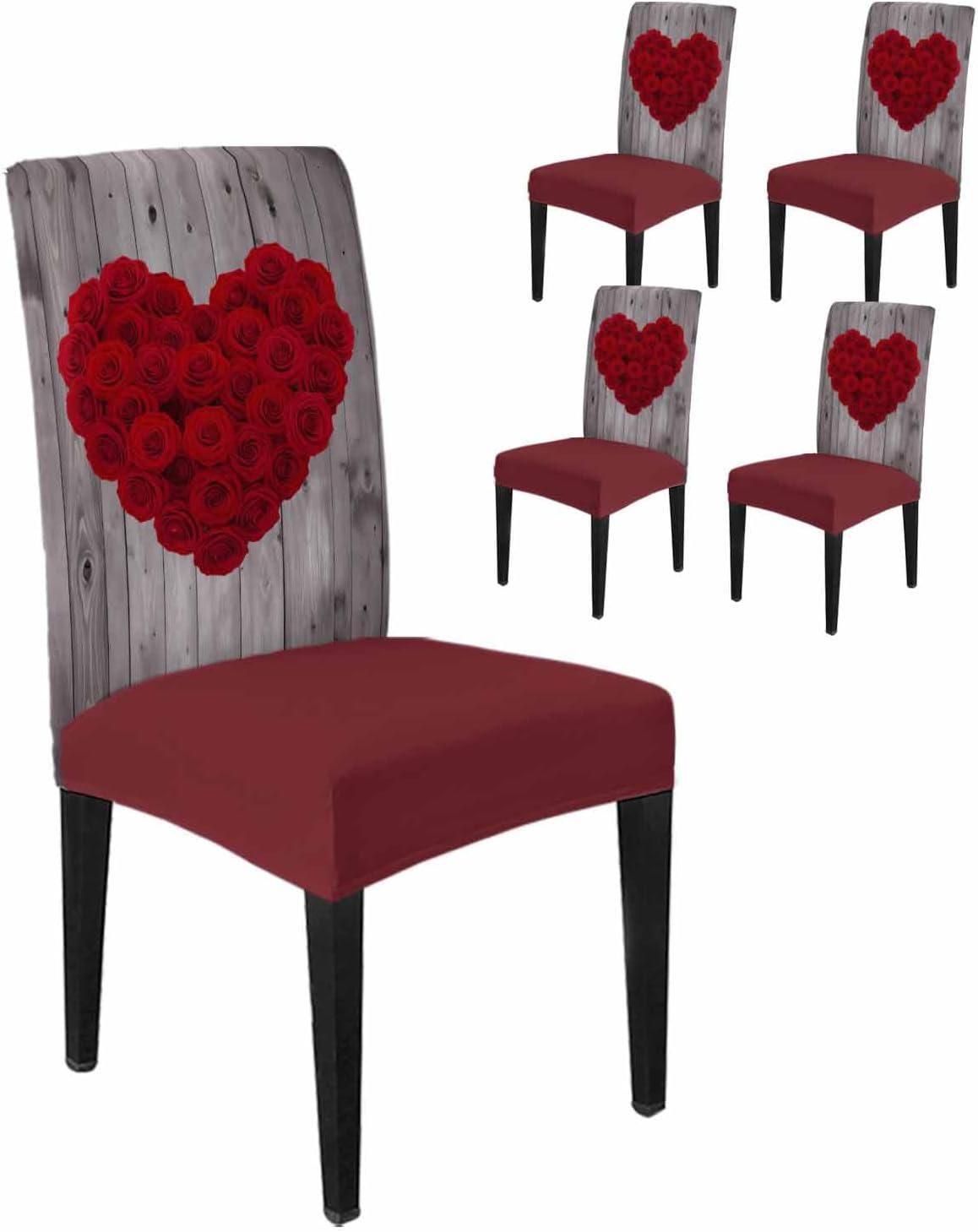 Valentine's Day Dining Chair Cover Set of 4, Mothers' Day Rose Petal Heart Vintage Wooden Board Plank Parsons Chair Slipcover Stretch Removable Chair Seat Protector Cover for Party Wedding Anniversary
