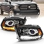 AmeriLite Jet Black Projector Headlights for 2009-2018 Dodge Ram 1500 2500 3500 Assembly w/LED Tube Switchback Turn Signal Set - Passenger and Driver Side