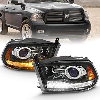 AmeriLite Jet Black Projector Headlights For 2009-2018 Dodge Ram 1500 2500 3500 Assembly w/LED Tube Switchback Turn Signal Set - Passenger and Driver Side