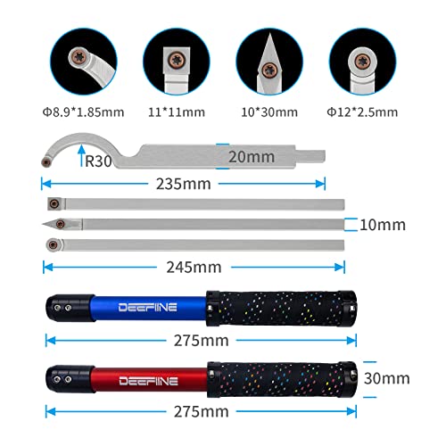 Deefiine Carbide Tipped Wood Lathe Turning Tools Set, Lathe Rougher Finisher Swan Neck Hollowing Tools And Interchangeable 19.5"Soft Grip Handle With Diamond Round Square Carbide Inserts(Red、Blue) #TOP2