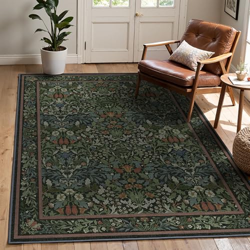 Bavni 5x7 Washable Area Rug for Living Room, Vintage Floral, Forest Green