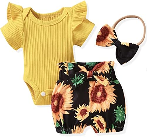 Aalizzwell 3 - 6 Months Infant Baby Girls Clothes Ribbed Short Sleeve Bodysuit Sunflower Bloomer Shorts Summer Outfits Yellow