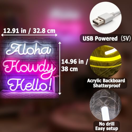 Image of Hello Howdy Aloha Neon Sign for Wall Decor Howdy Light Up Sign Aloha Led Signs for Room Party Home Wall Decor USB Powered