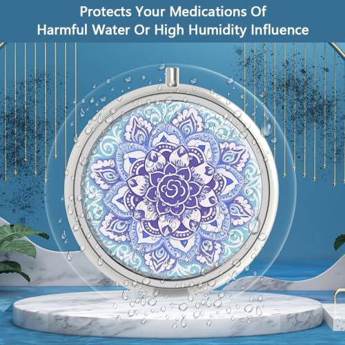 Image of Pill Box 3 Compartment Small Pill Case,Portable for Pocket or Purse Pill Organizer Pill Container Holder to Hold Vitamins, Medication, Fish Oil and Supplements(Mandala Blue)