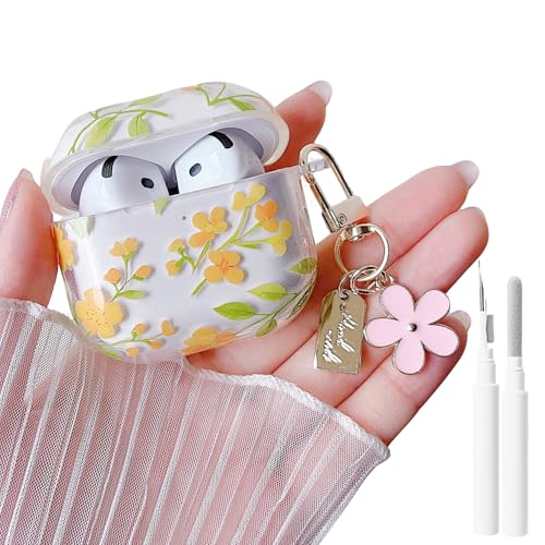 Image of MINSCOSE for AirPods 4 Clear Case,Cute Colorful Flower Pattern Design with Girly Floral Keychain,Soft Silicone Protective Shockproof Cover with Cleaner Kit for Girls Women-Yellow