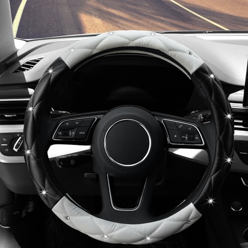 Image of YOGURTCK Cute Diamond Soft Leather Anti-Slip Steering Wheel Cover with Bling Bling Crystal Rhinestones, Universal 15 Inch for Women Girls, Fit Vehicles, Sedans, SUVs, Vans, Trucks - Black and White