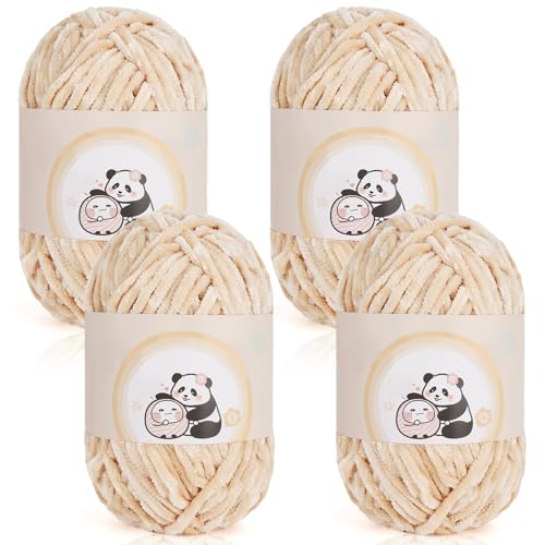 Aeelike Chenille-Garn 400 g 4 Stück Plüsch-Chenille-Garn zum Häkeln (100 g pro Knäuel 80 Yd) weiche flauschige Samt-dicke Wolle zum Stricken von Babydecken Schals Socken und Bastelarbeiten