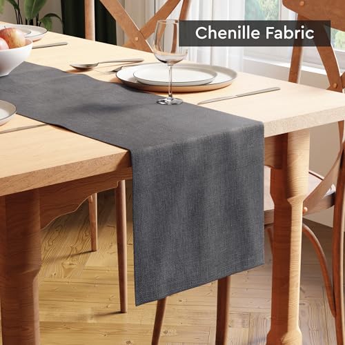 Image of Encasa XO Dining Table Runner for 4 Seater, Chenille Fabric Grey