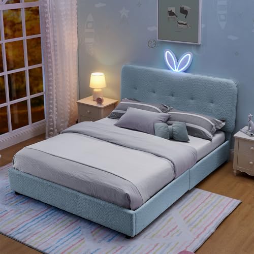 Image of Full Led Bed Frame with 4 Storage Drawer, Upholstered Platform Floor Bed with Rabbit Ear Headboard Daybed Strong Wooden Slats No Box Spring Needed for Kids Girls Boys, Blue