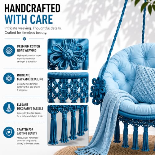 Image of Premium King Size Hammock Chair Swing with Cushion, 200kg Capacity | Indoor Outdoor Heavy Duty Adults & Kids Hanging Jhula for Home, Garden, Patio & Balcony | 1 Year Warranty (Sky Blue)