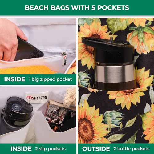 Image of Beach Bag and Pool Bag Has Cooler Pocket, 7 Pockets Total, Zip Top. Family Size Waterproof Beach Tote