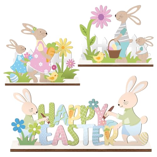 yisight Lapin de Pâques Décoration, 3 pièces Décoration Pâques Bois, Décoration Lapin Bois, Statue Lapin de Paques, Deco Paques Bois (Happy Easter - 3)