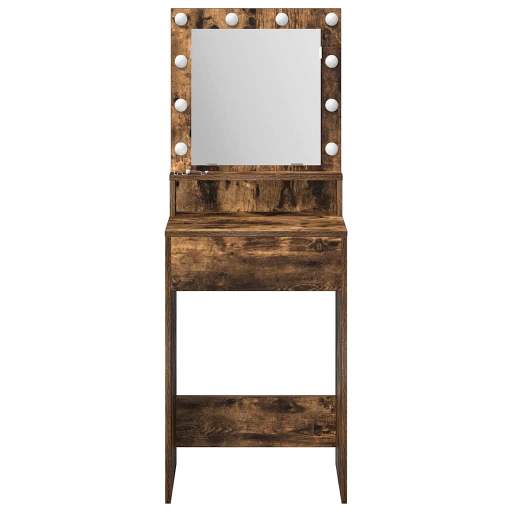 Tavolo da trucco rovere fumé 50 x 41 x 135 cm in legno ingegnerizzato con luci LED USB specchio piano e ripiani per cosmetici, mobiletto salvaspazio per camera da letto e spogliatoio donna
