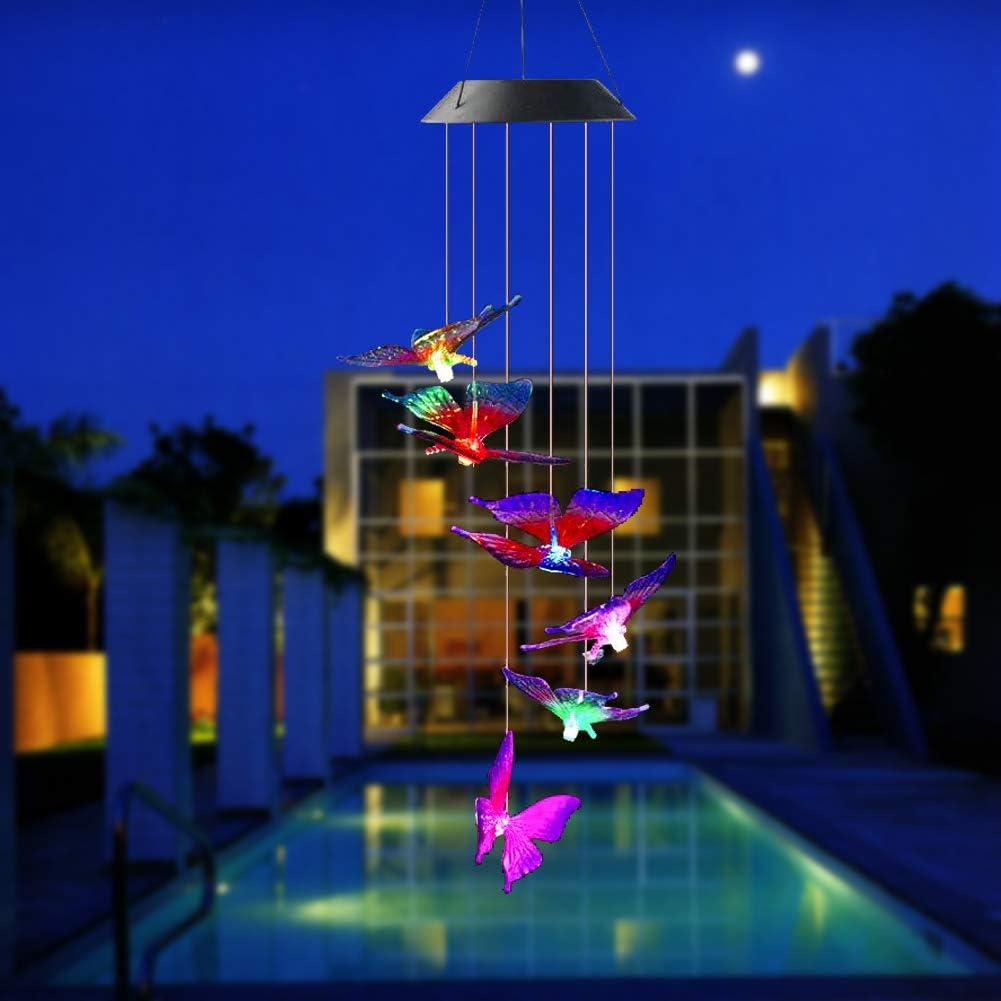 Vinkki Solar Wind Chime Color Changing Solar Mobile Light Blue Butterfly LED Wind Chime Solar Powered Wind Mobile Waterproof Outdoor Decor Romantic Wind Bell Light for Patio Yard Garden Home