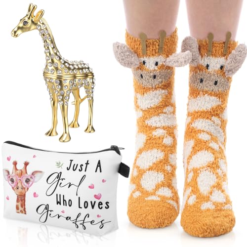 Image of Newtay 3 Pcs Animal Lover Gifts Set for Teacher Women Ring Holder Makeup Bag Fuzzy Socks with Grippers, Cute Gifts for Holiday Birthday(Giraffe)
