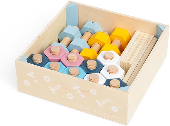 Bigjigs Toys FSC® Certified Crate of Nuts and Bolts (20pc) - Eco-Friendly Nuts and Bolts Set for 3 Year Olds, Sustainable Construction Toys & Wooden Toy Tools