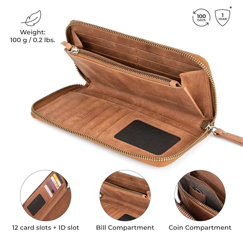 Image of BERLINER BAGS Genuine Leather Zip Wallet Women Margo, Gift Box - Brown | Soft Leather Zip Around Wallet, Fit up to Phone 6.9 inch, 12 Card Slots, 1 ID Window, 1 Coin Pocket, RFID Blocking