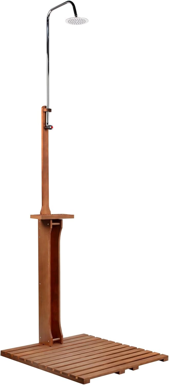 Portable Outdoor Shower Kit, Outdoor Shower Freestanding with Wooden Base, Outside Shower Kit with 1/2" Showerhead Connector & 3/4" Hose Adapter, Portable Outdoor Shower for Backyard Poolside Beach