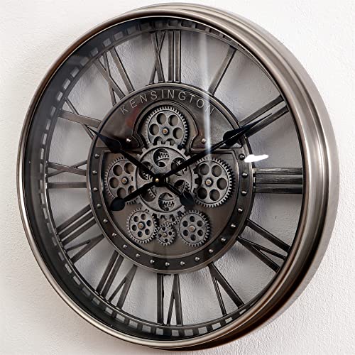 Infinity Time 21 Inch Real Moving Gears Wall Clock With Roman Numerals,Industrial Loft Vintage Steampunk Battery Operated Large Big Silent Clocks For Living Room Decor,Gunmetal Silver Grey #TOP1