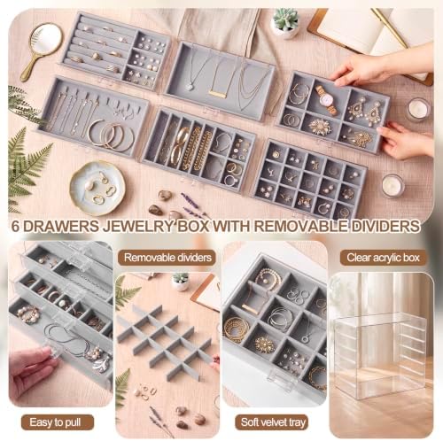 Cinnvoice 6 Drawer Acrylic Jewelry Organizer with Velvet Lined Trays, Jewelry Box with Drawers for Earrings, Rings, Necklaces, Brooch, Stackable Storage Organizer for Women, Gift Ready (Grey,Clear) — view 2