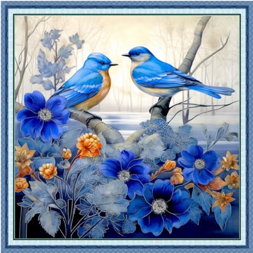 Image of Foxdiviy Stamped Cross Stitch Kits Full Range of Embroidery Needlework Starter Kits for Beginners Adults 11CT Embroidery Patterns Art Crafts DIY Needlepoint Kits-Blue Bird 18x18 inch