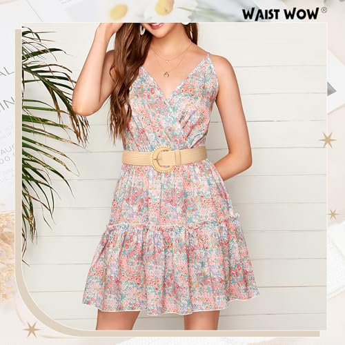 Image of Straw Woven Elastic Belt for Women Stretchy Belts for Dress Fashion Boho Waist Belt Rattan Raffia Ladies Belts