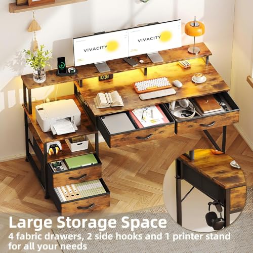 MUTUN 53" Computer Desk with Power Outlet and Fabric Storage Drawers, Reversible Office Desk, Bureau de Travail, Desks with Monitor Stand and Printer Stand, Bureau Ordinateur, Rustic Brown by MUTUN - Image 4