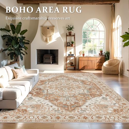 Deerly Large Washable Area Rug 8x10 for Living Room Bedroom Boho Vintage Oriental Rug for Dining Room Non-Slip Soft Low-Pile Farmhouse, Caramel/Beige/Multi