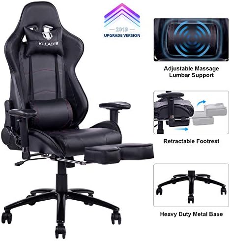 【Upgrade Version】KILLABEE Big and Tall 350lb Massage Gaming Chair Metal Base - Adjustable Massage Lumbar Cushion, Retractable Footrest High Back Ergonomic Racing Computer Desk Leather Office Chair