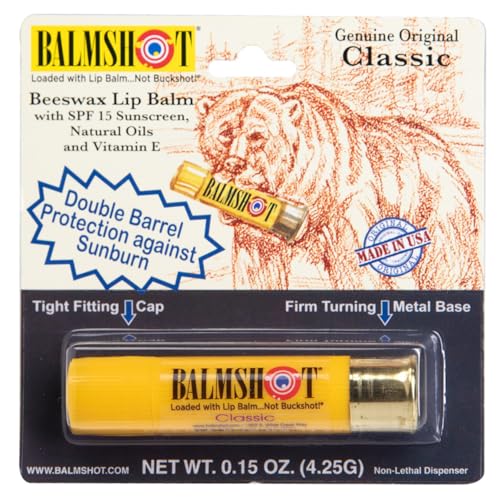 BALMSHOT Classic Natural Lip Balm SPF 15 – Beeswax Chapstick with Natural Oils & Vitamin E – 20-Gauge Shotgun Shell Brass Tube – Long Lasting, Heat Resistant Lip Moisturizer – Made in USA